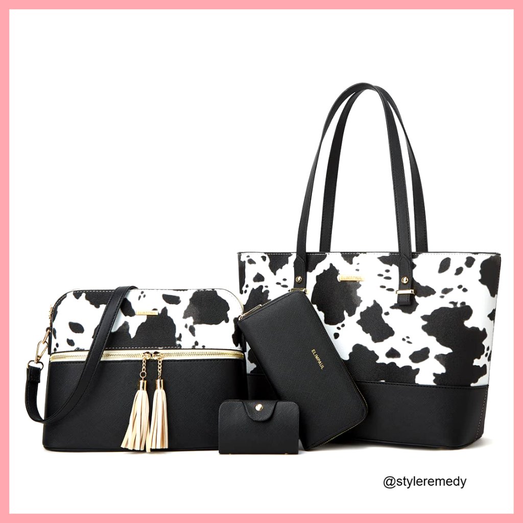 Faux Leather Satchel Handbag Set With Wallet And Card Holder